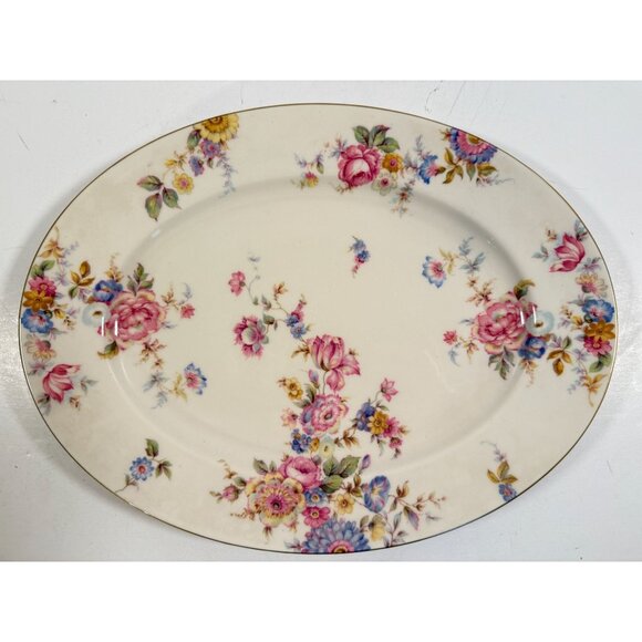 Vintage SUNNYBROOKE by Castleton Oval Serving Platter Dish Floral Gold Trim 13\